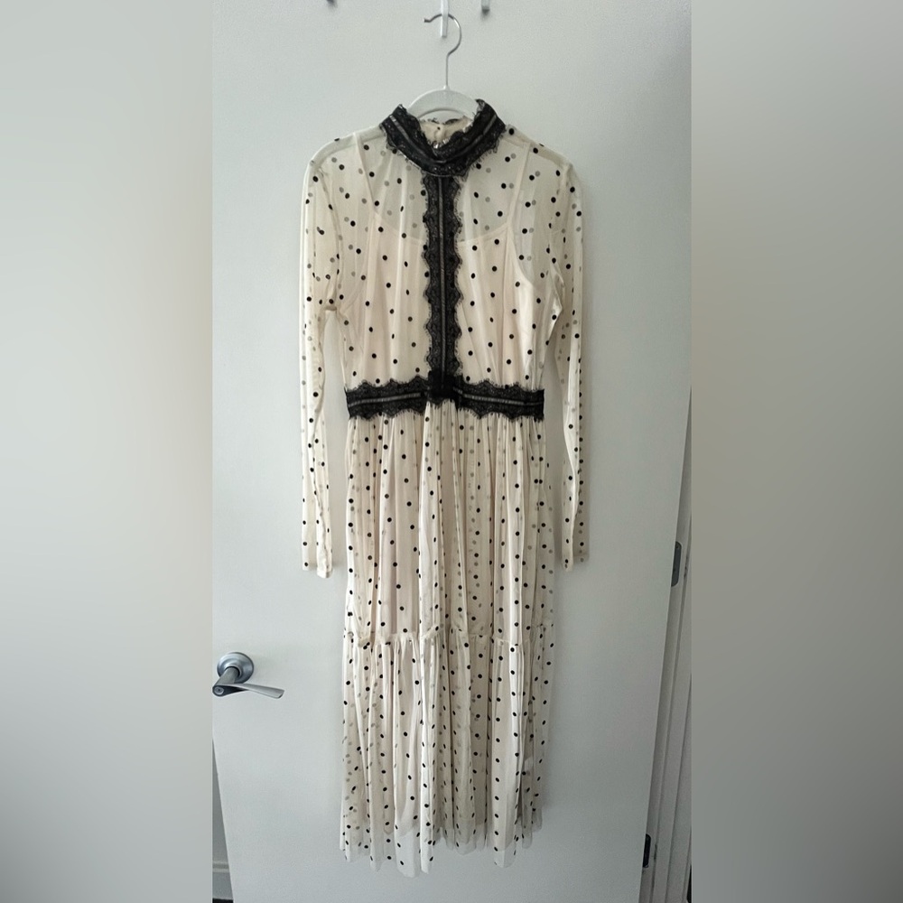 Long, cream, polka-dot, sheer maxi-dress with black lace detail in size US 8